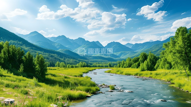 高清大图下载【趣麦麦图】阳光洒落的河谷草地风光