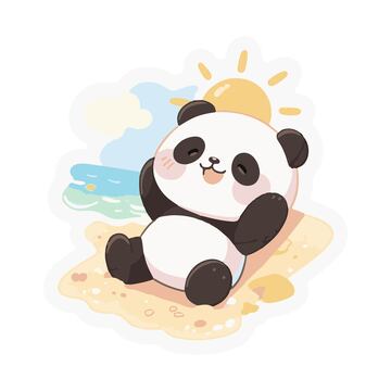 可爱熊猫沙滩手绘插画