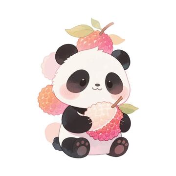 可爱熊猫和荔枝插画手绘