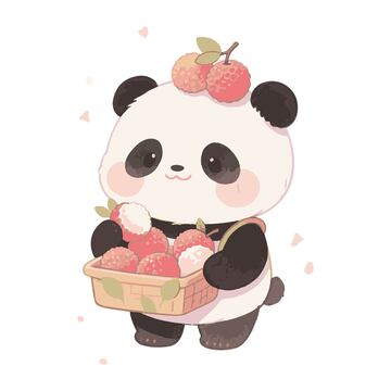 可爱熊猫销售荔枝卡通插画