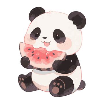 手绘卡通熊猫吃西瓜插画