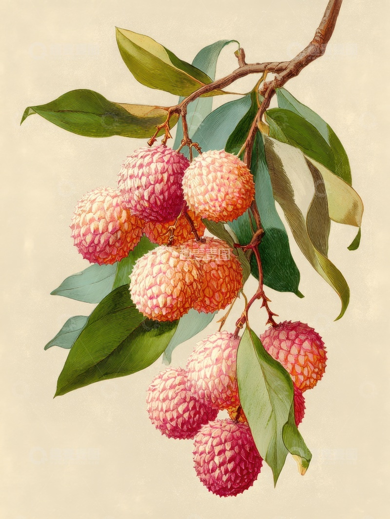 高清大图下载【趣麦麦图】手绘水彩一串荔枝