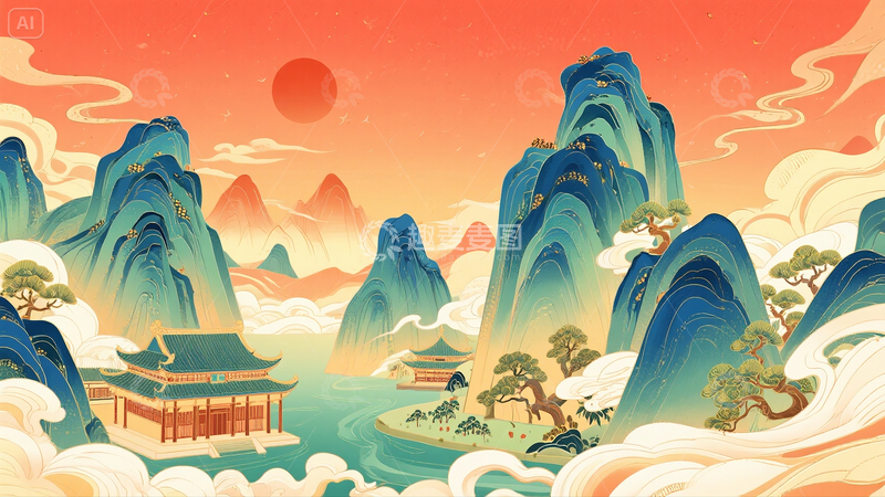 源文件下载【趣麦麦图】中国国潮山水