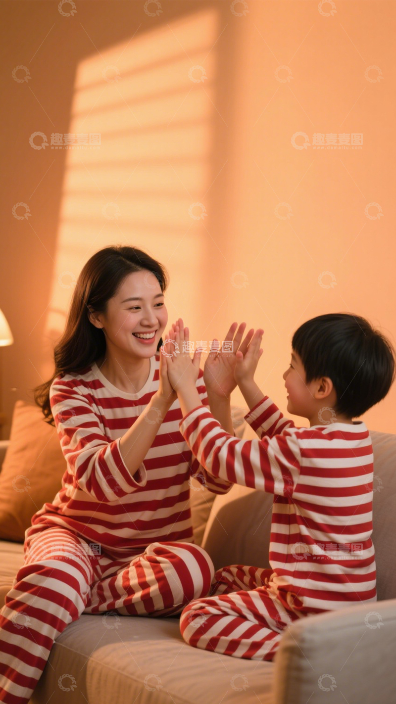 高清大图下载【趣麦麦图】亲子条纹睡衣温馨居家1