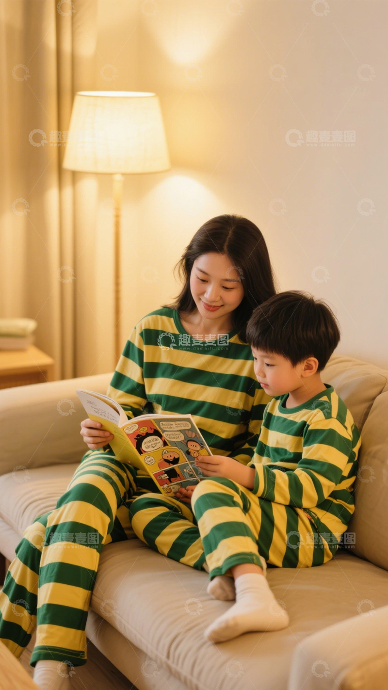 高清大图下载【趣麦麦图】亲子条纹睡衣温馨居家2