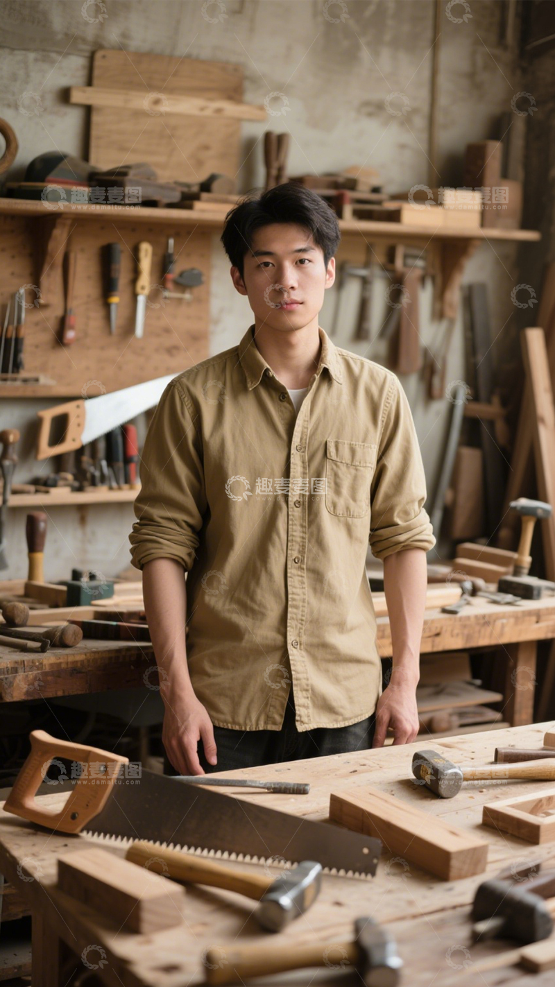 高清大图下载【趣麦麦图】卡其工装衬衫复古劳作风