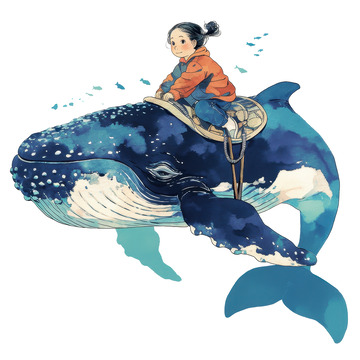 手绘简约骑着鲸鱼的儿童