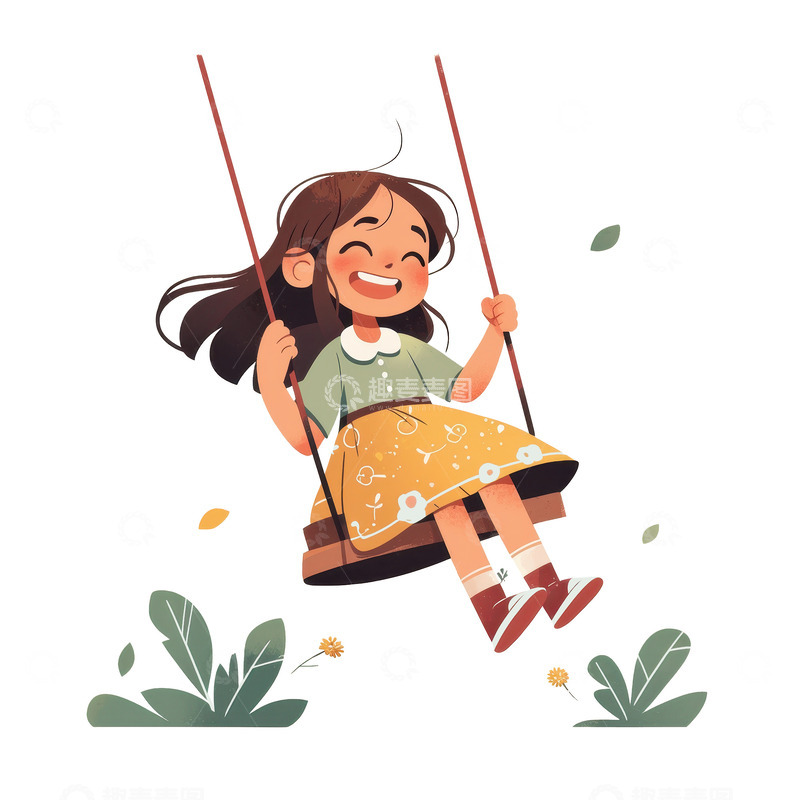 高清大图下载【趣麦麦图】卡通简约荡秋千的女孩