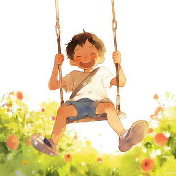 手绘简约荡秋千的小男孩
