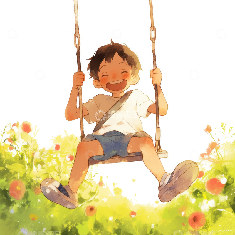 高清大图下载【趣麦麦图】手绘简约荡秋千的小男孩