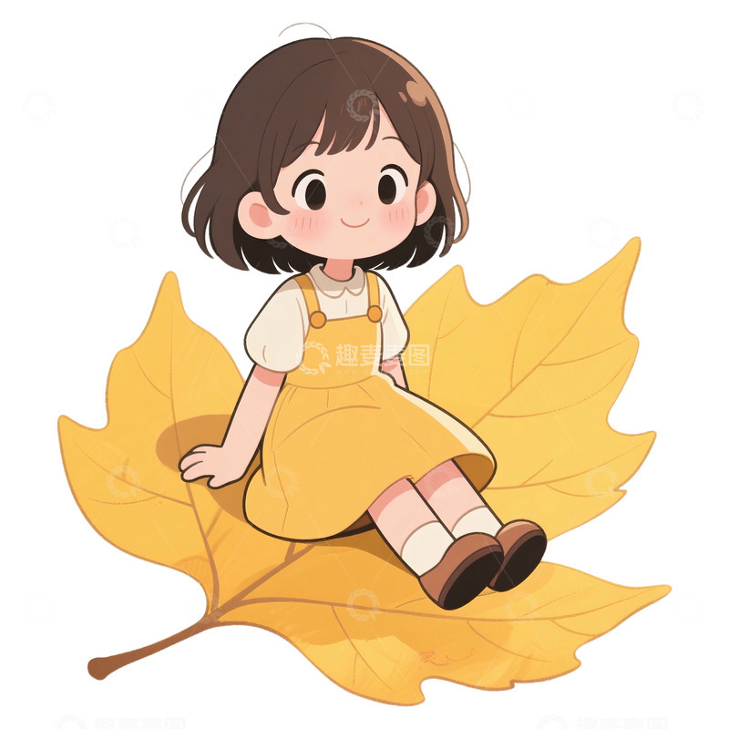 高清大图下载【趣麦麦图】卡通可爱秋季坐在落叶上的女孩5