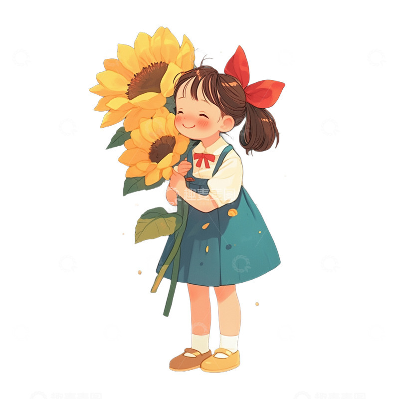 高清大图下载【趣麦麦图】卡通手绘开女孩拿着向日葵1