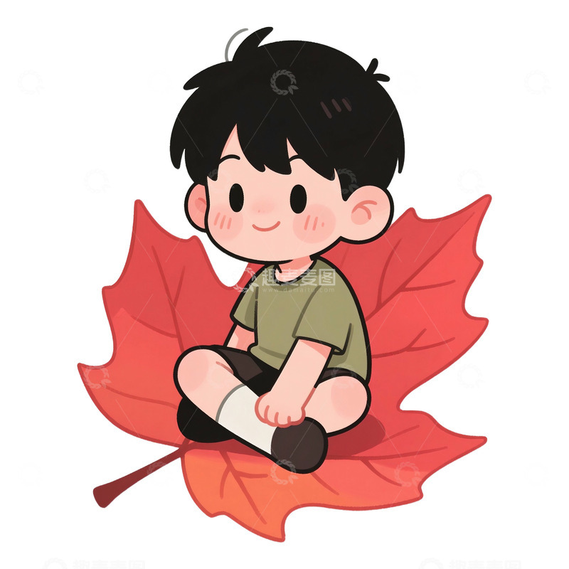高清大图下载【趣麦麦图】卡通可爱秋季坐在落叶上的男孩2