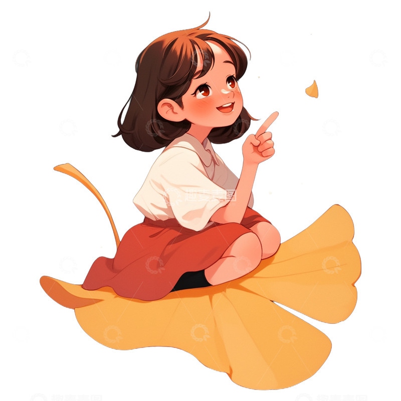 高清大图下载【趣麦麦图】卡通可爱秋季坐在落叶上的女孩1