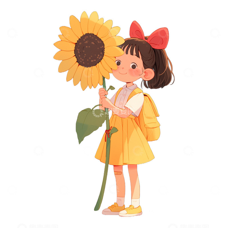 高清大图下载【趣麦麦图】卡通手绘开女孩拿着向日葵