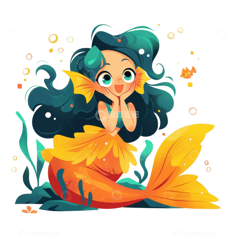 高清大图下载【趣麦麦图】手绘扁平美人鱼