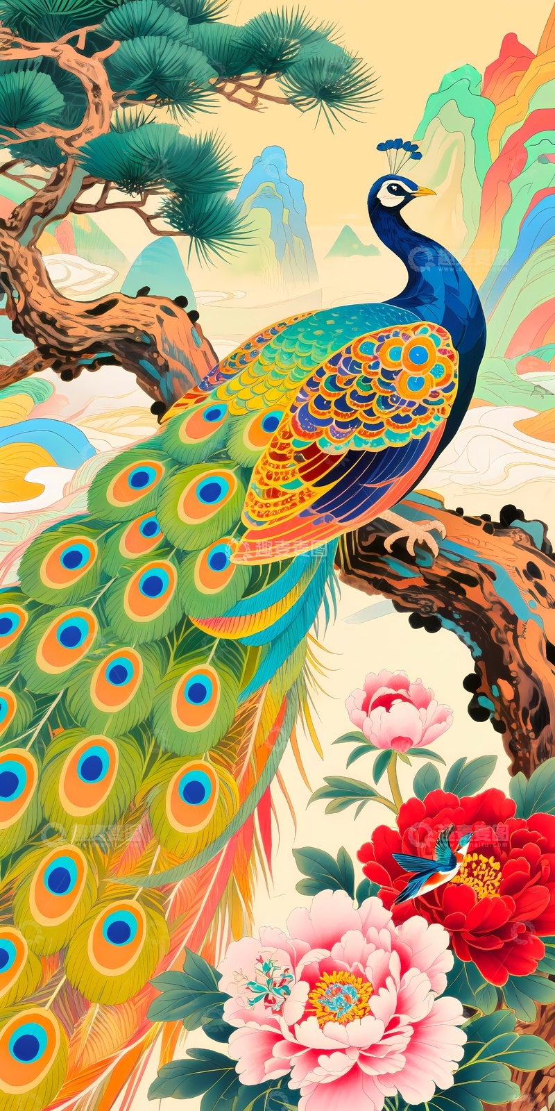 高清大图下载【趣麦麦图】走廊玄关凤凰牡丹1