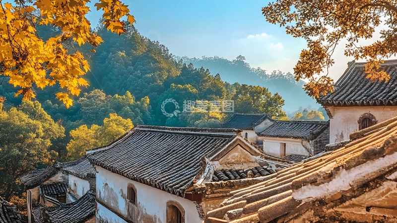 秋天乡村小镇建筑