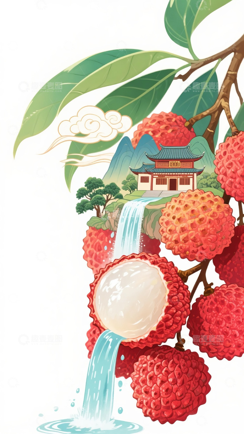 高清大图下载【趣麦麦图】古建筑荔枝插画
