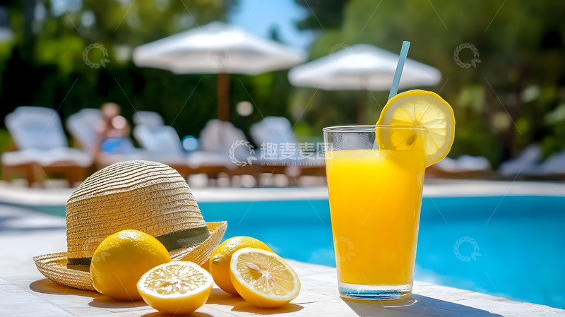 高清大图下载【趣麦麦图】夏日泳池旁的橙汁