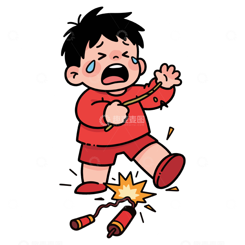 卡通小孩玩鞭炮事故手绘插画