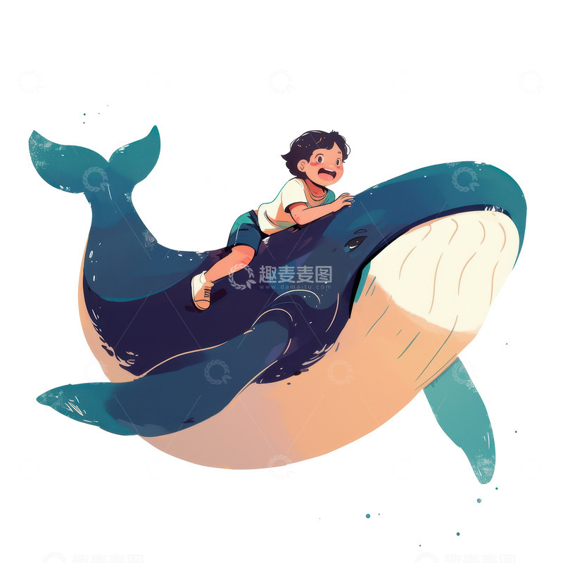 高清大图下载【趣麦麦图】卡通简约骑着鲸鱼的小孩