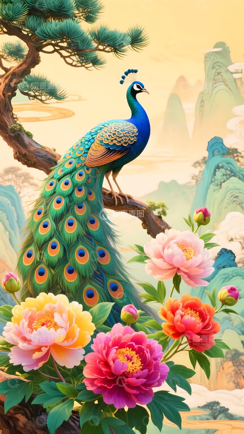 高清大图下载【趣麦麦图】3d逼真立体玄关插画凤凰牡丹1