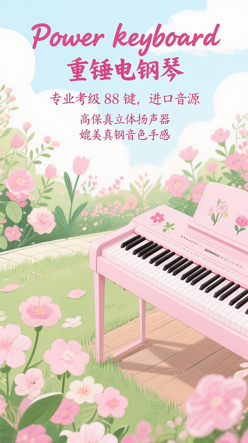 粉色文艺风电钢琴海报手绘花朵装饰
