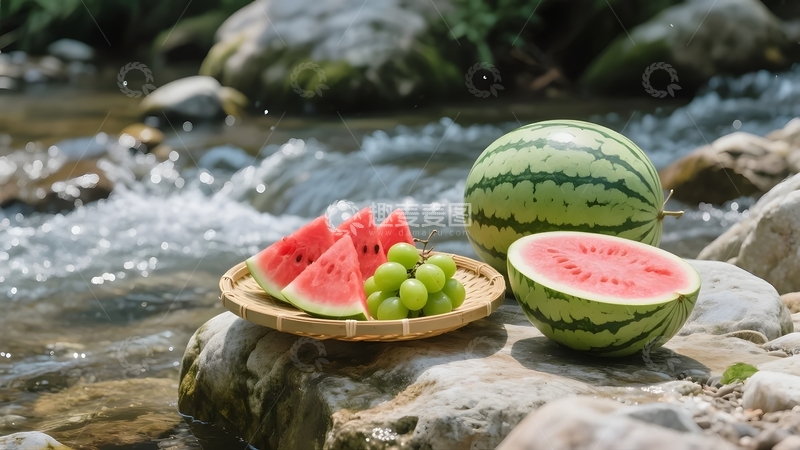 高清大图下载【趣麦麦图】-溪流边的西瓜与葡萄