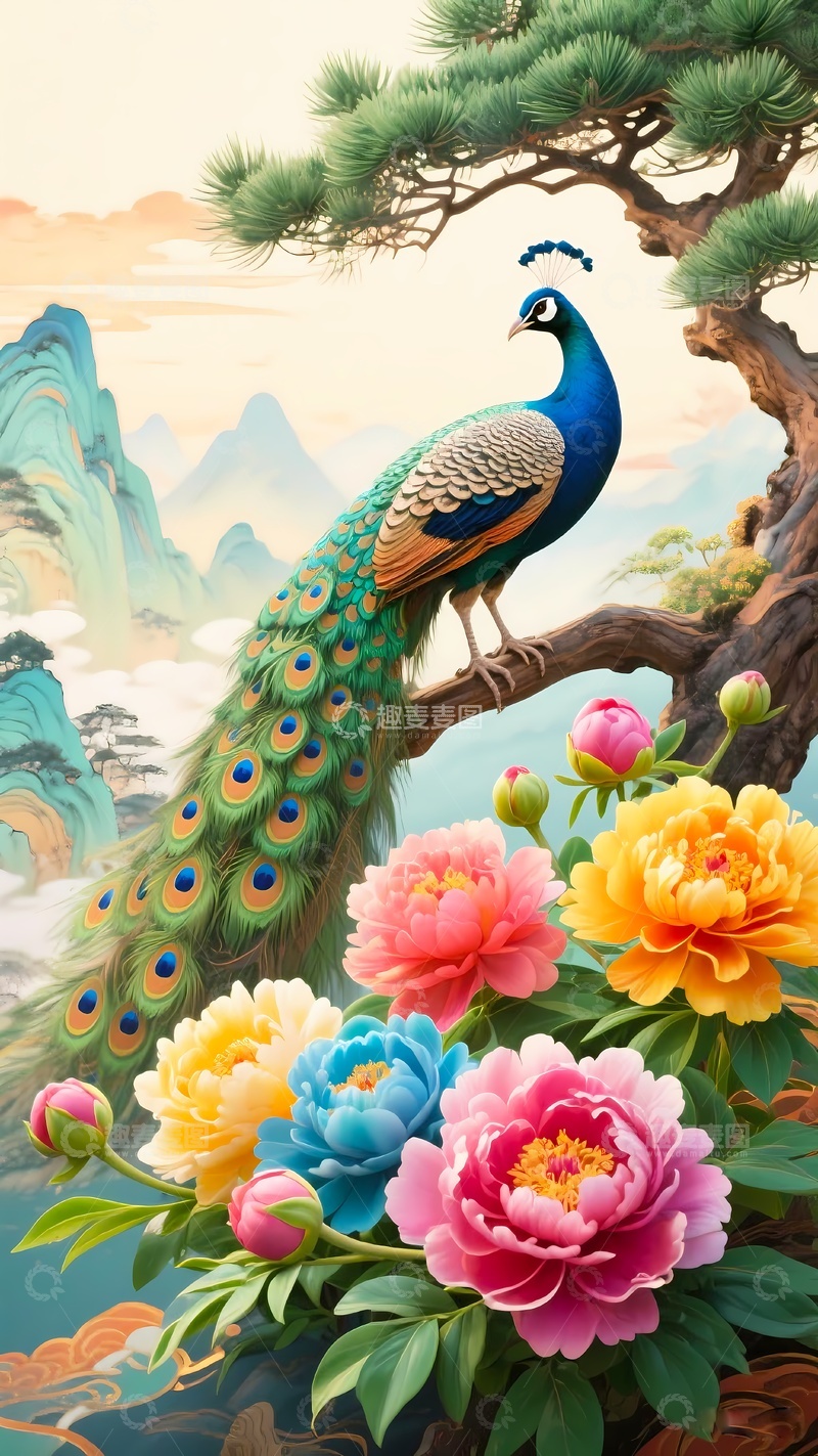 高清大图下载【趣麦麦图】3d逼真立体玄关插画凤凰牡丹