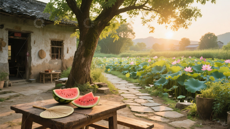 高清大图下载【趣麦麦图】乡村庭院荷花池景色