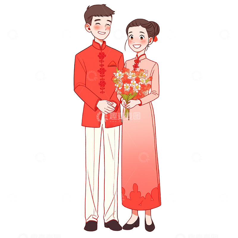 高清大图下载【趣麦麦图】中式婚礼邀请函新人情侣卡通插画