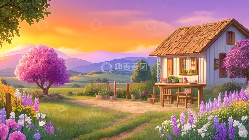 高清大图下载【趣麦麦图】田园小屋梦幻风景插画落日山间民居