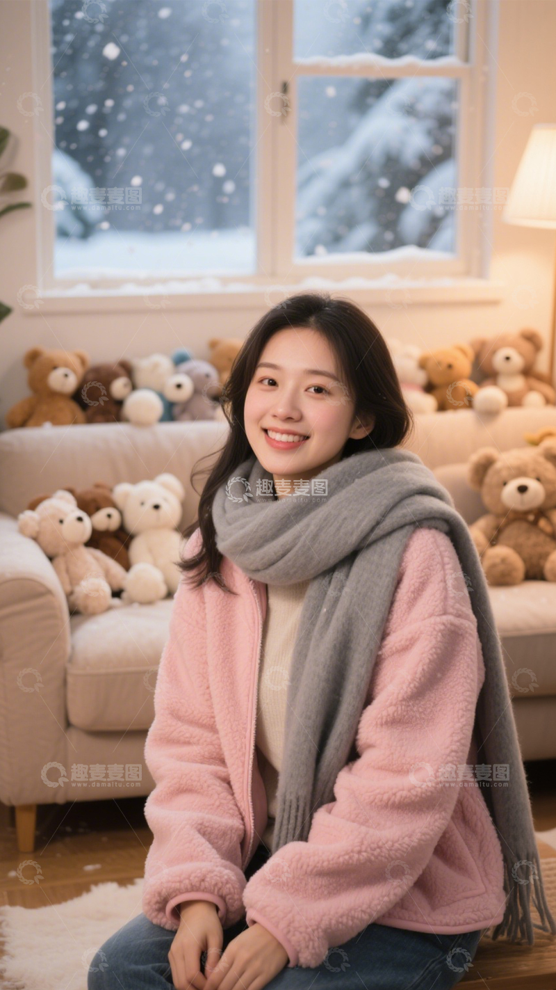 高清大图下载【趣麦麦图】粉色外套冬日活力