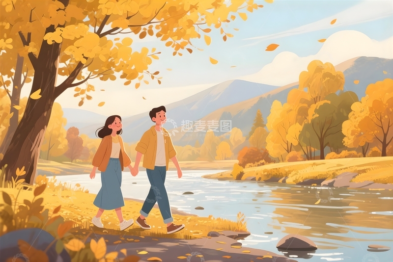 高清大图下载【趣麦麦图】金色秋季情侣相伴8