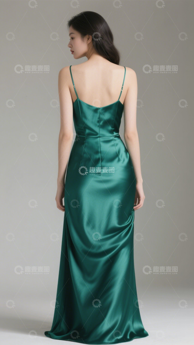 高清大图下载【趣麦麦图】墨绿缎面吊带长裙