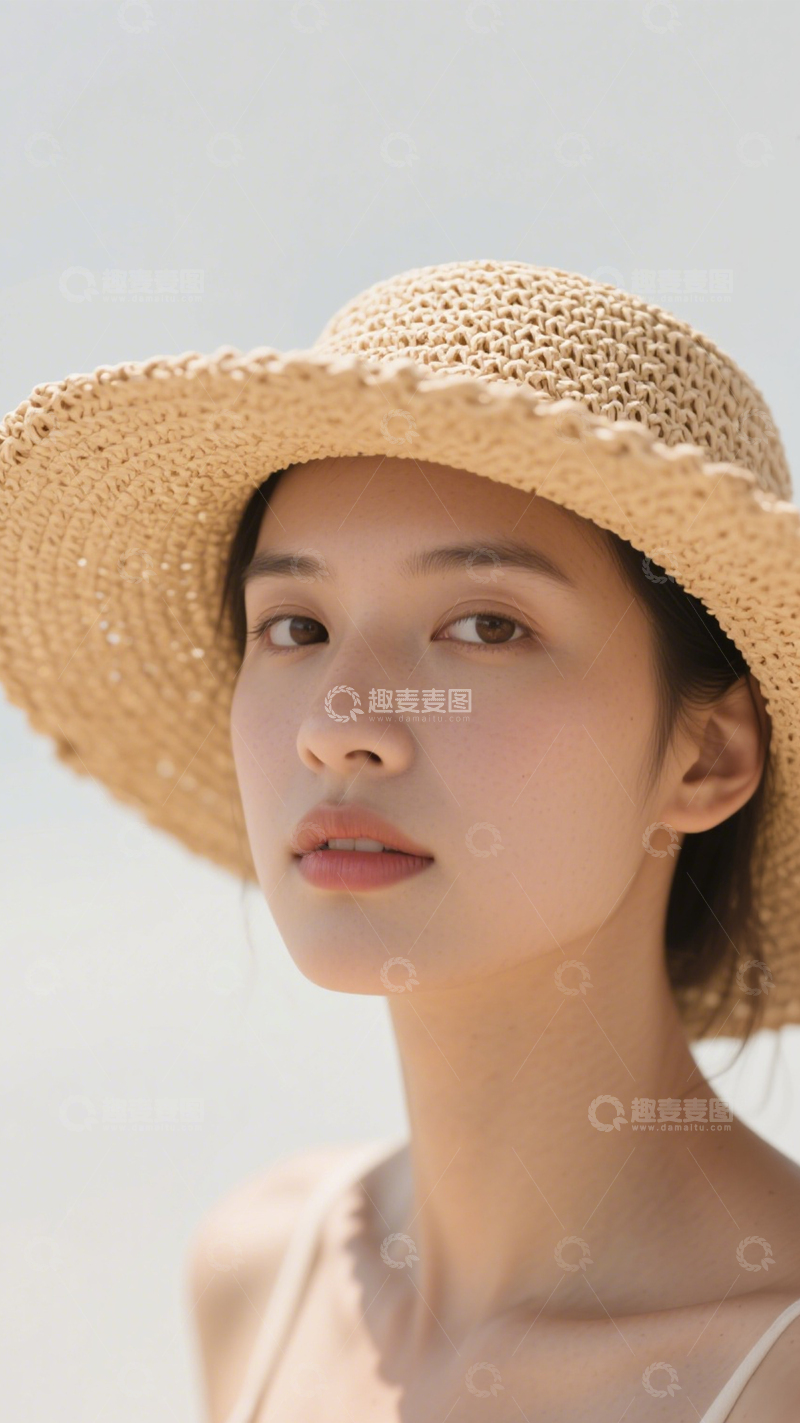 高清大图下载【趣麦麦图】米色宽檐草编休闲帽