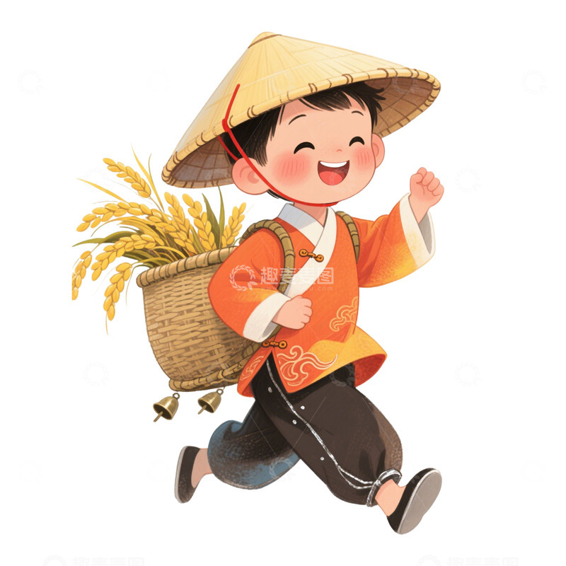 高清大图下载【趣麦麦图】秋季丰收背稻谷的男孩