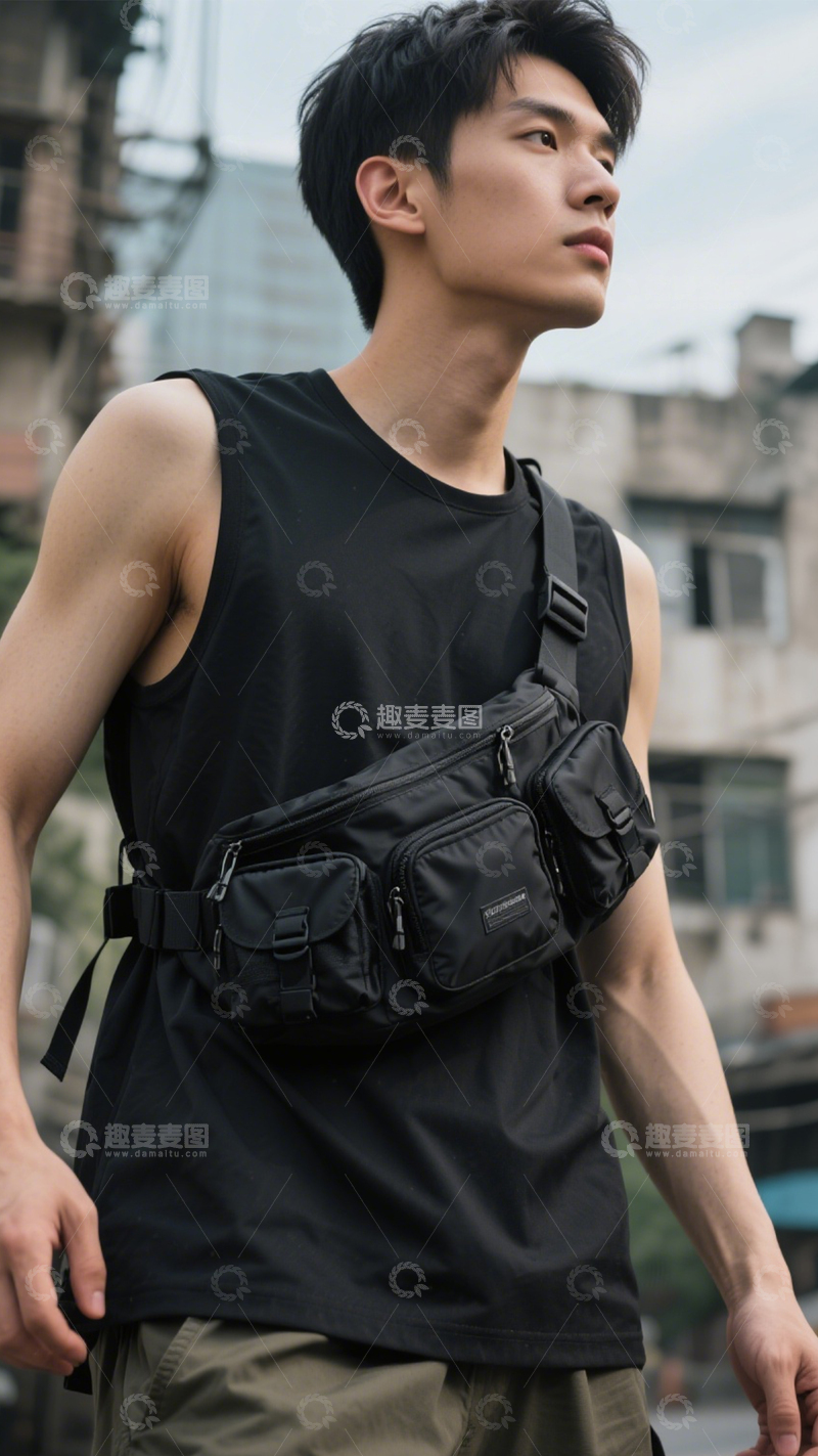 高清大图下载【趣麦麦图】黑色机能多袋腰包