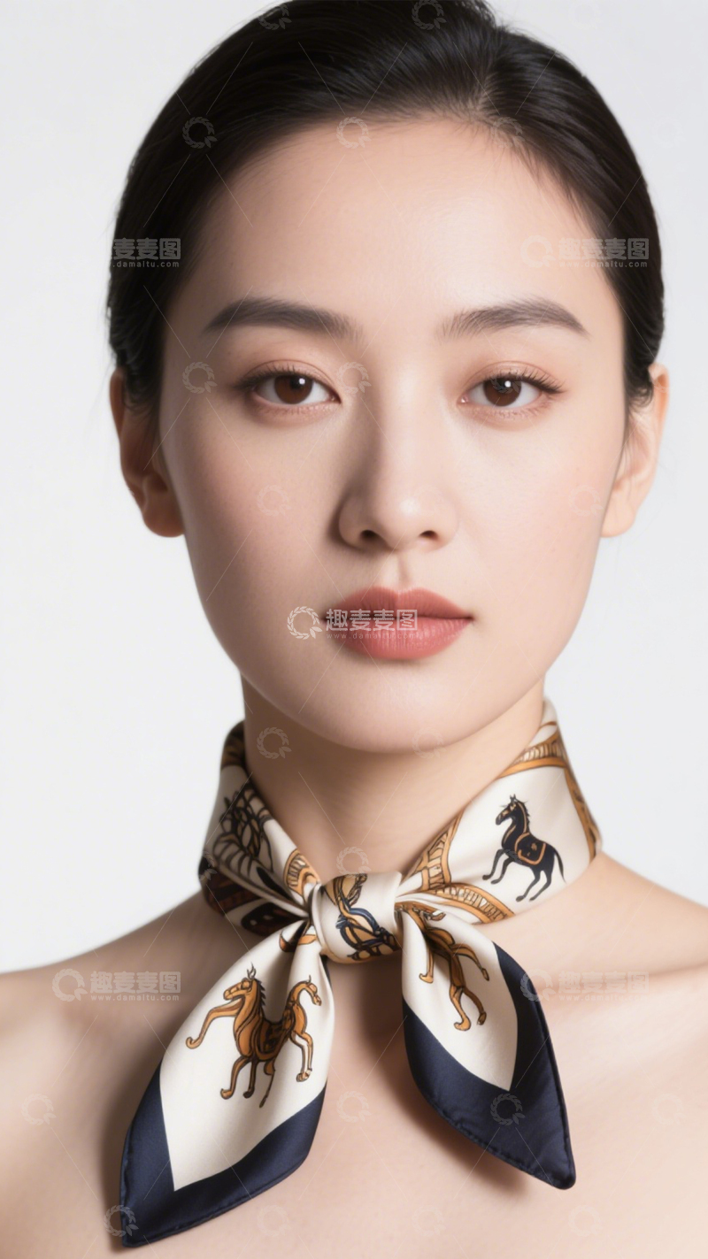 高清大图下载【趣麦麦图】米色印花丝巾优雅百搭3