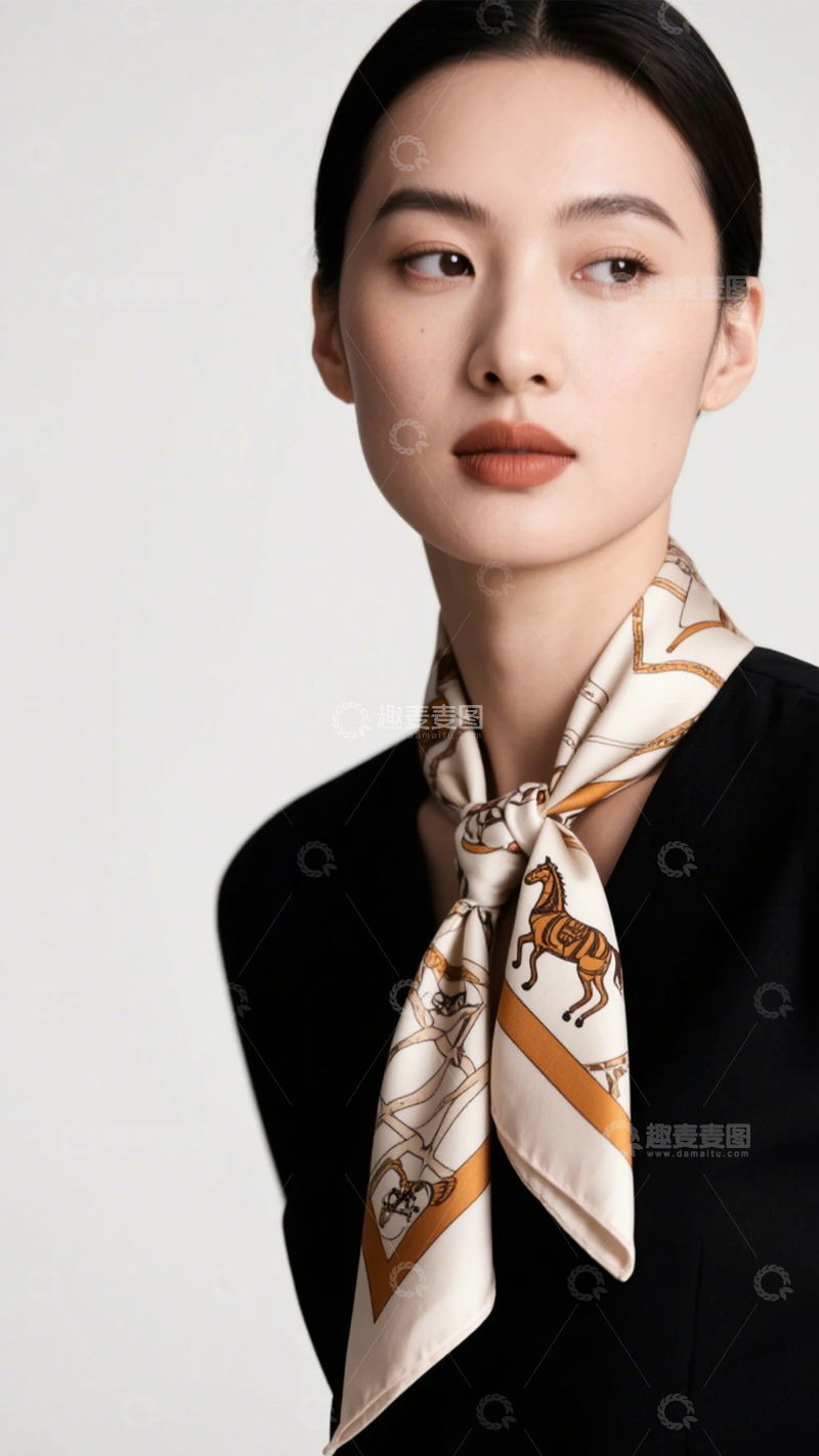 高清大图下载【趣麦麦图】米色印花丝巾优雅百搭1