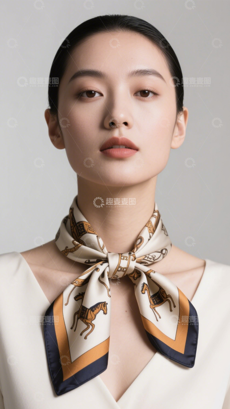 高清大图下载【趣麦麦图】米色印花丝巾优雅百搭