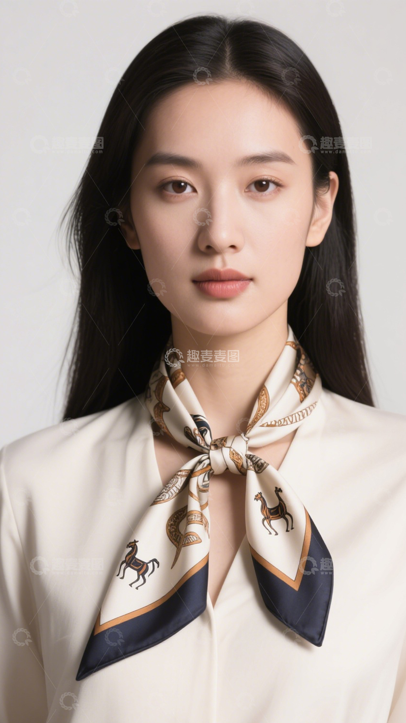 高清大图下载【趣麦麦图】米色印花丝巾优雅百搭2