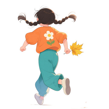 卡通手绘秋季拿着枫叶的女孩
