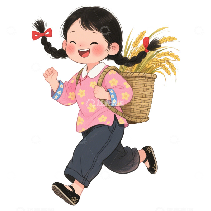 高清大图下载【趣麦麦图】秋季丰收背稻谷的女孩