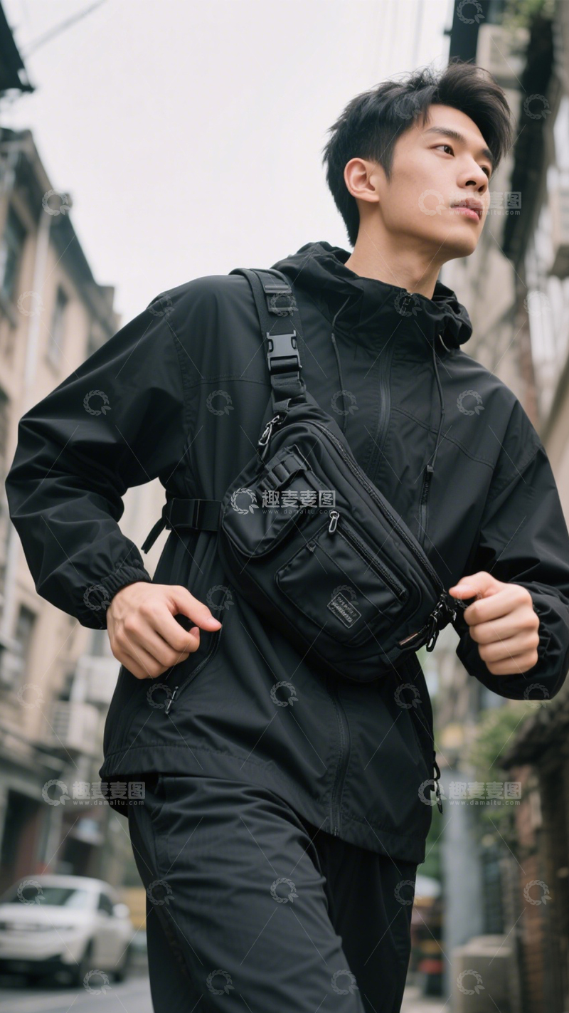 高清大图下载【趣麦麦图】黑色机能多袋腰包1