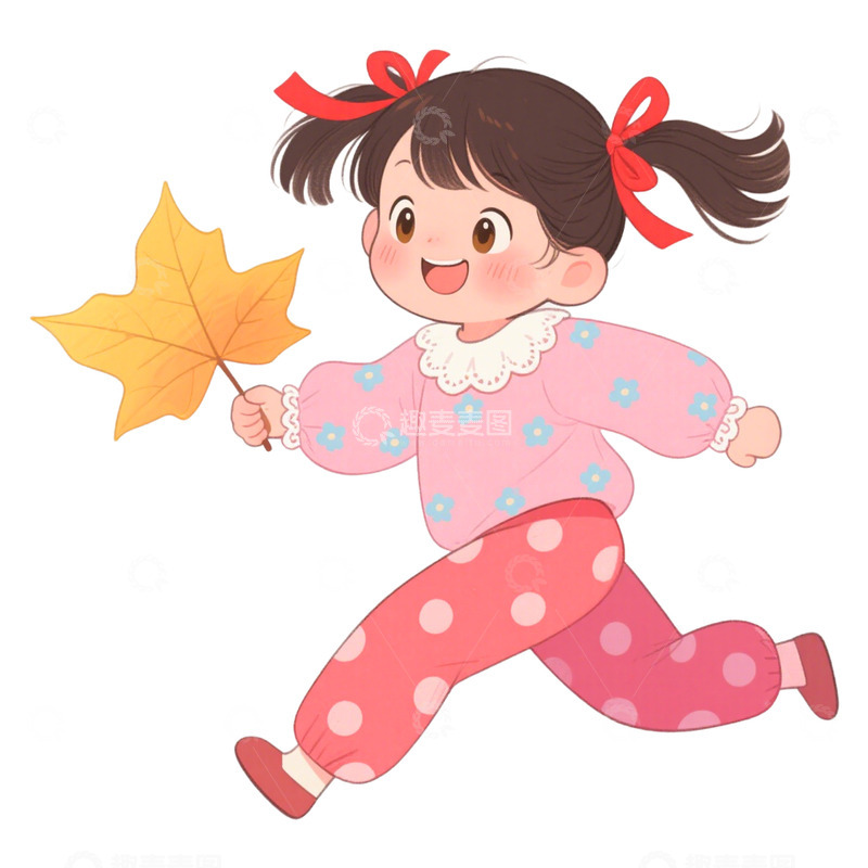 高清大图下载【趣麦麦图】卡通手绘秋季拿着枫叶的女孩12