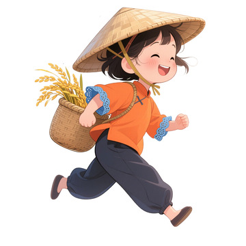卡通手绘秋天女孩背着稻谷1