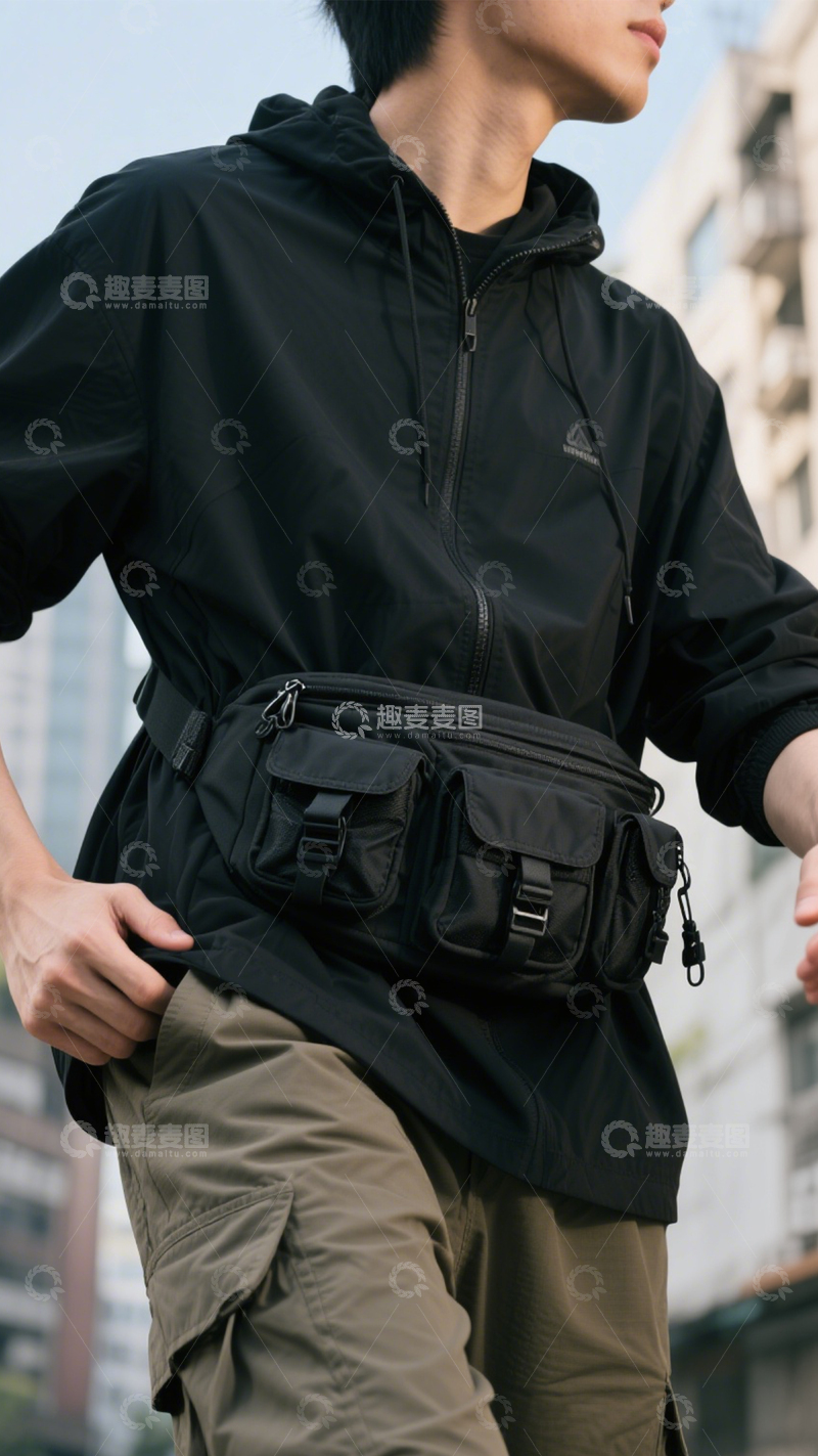 高清大图下载【趣麦麦图】黑色机能多袋腰包2