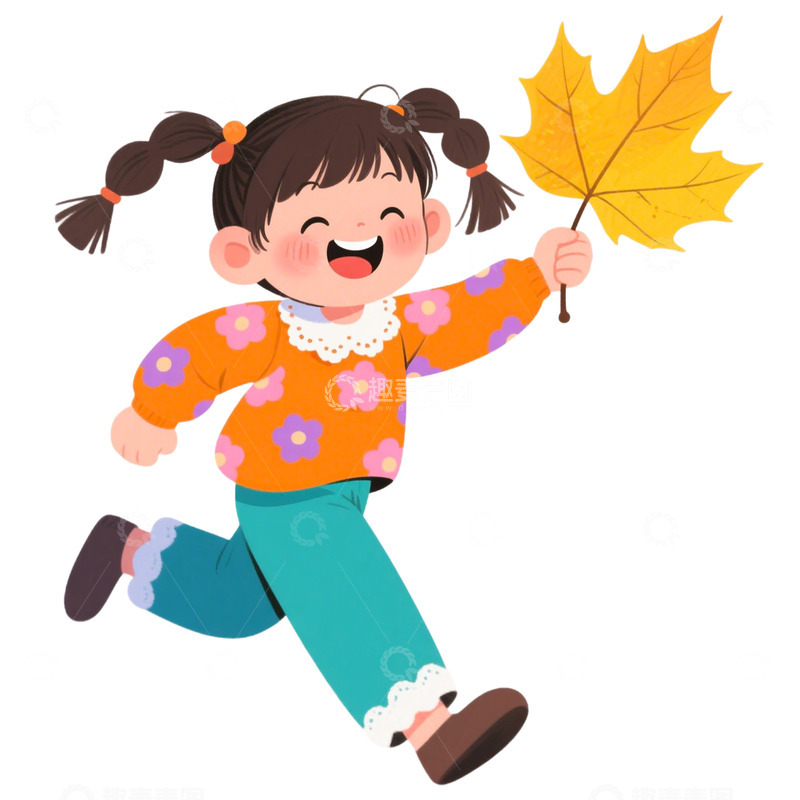 高清大图下载【趣麦麦图】卡通手绘秋季拿着枫叶的女孩1